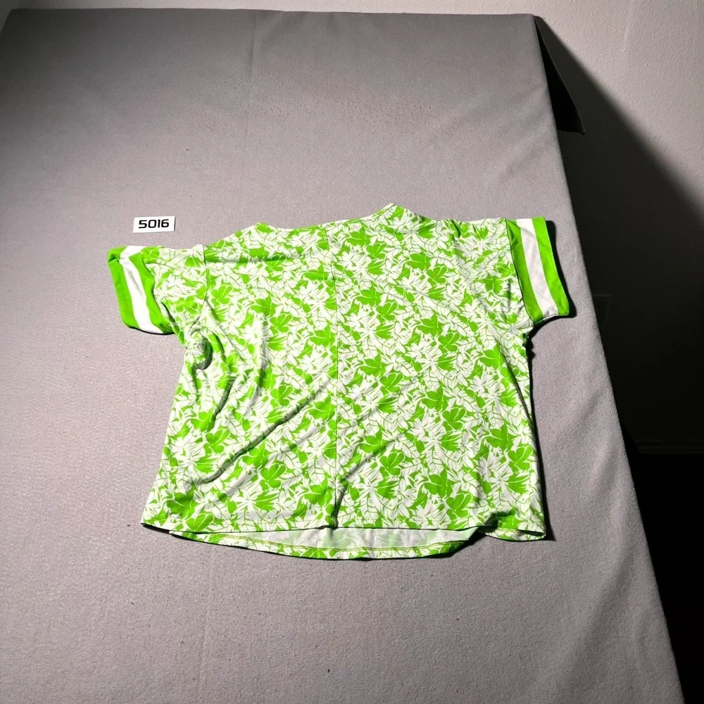 Michael Kors Blouse Top Womens 1X Green White Twill Palm Print Round Neck Casual